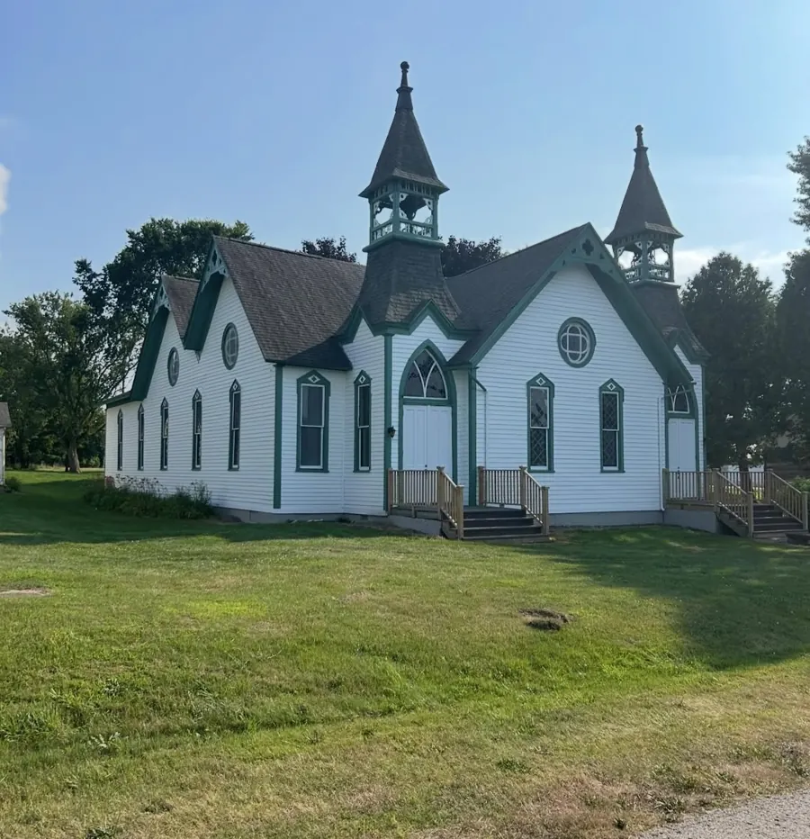 Church exterior, white with green trim